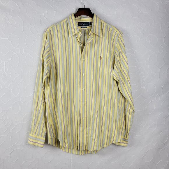 Ralph Lauren Custom Fit Mens Shirt Size L Yellow Striped Button Down Long Sleeve - Picture 1 of 9